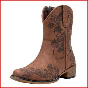 Women's Cowboy Ankle Booties Square Toe Low Heel Zipper Western Boots